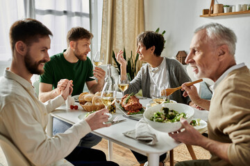 A gay couple enjoys a meal with parents at home.