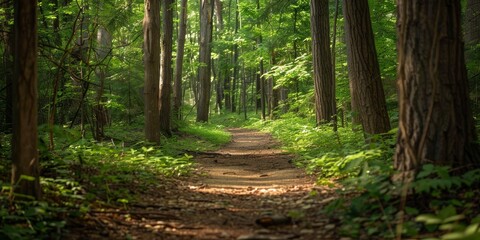 The photo shows a dirt path in a dense green forest.