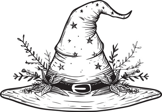 recommend clip art: Witch hat. Halloween vector wizard icon. Witch cap. Black line magic sketch illustration. Haloween cartoon. Magician logo isolated. Scary helloween hand drawn costume element. Witchcraft drawing art