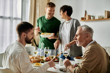 A gay couple shares a meal with parents, enjoying a moment of connection and love.