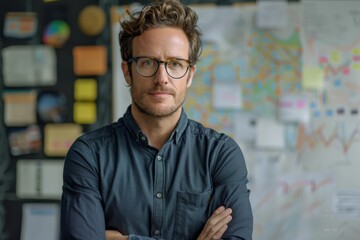 Man in glasses before wall of notes