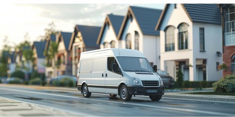 Obraz premium White van driving down a suburban street lined with houses.