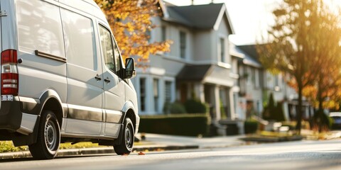 White van with open back door on the asphalt road in the american suburb