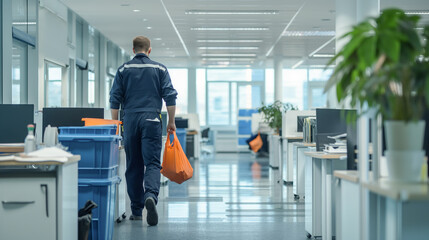A man in a blue uniform carrying a large orange bag walks through a large office building. The scene is bright and clean, with a potted plant in the corner. The man is a janitor or a worker - Powered by Adobe