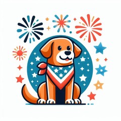 Fototapeta premium A dog wearing a red bandana sits in front of a fireworks display