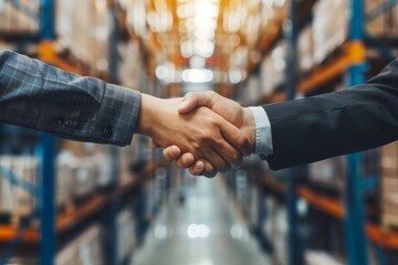 Two men shaking hands in a warehouse with shelves full of boxes