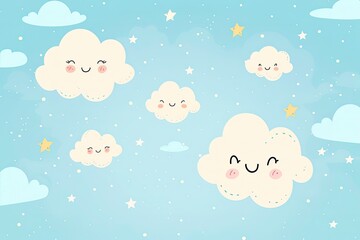 Minimalist design featuring smiling cloud shapes in a light blue sky with a few scattered stars