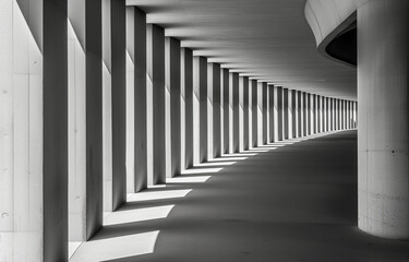 Abstract architectural interior with repetitive pillars in black and white