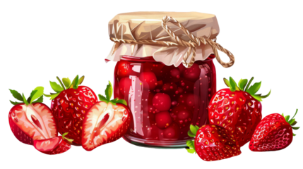 A glass jar filled with homemade strawberry jam with fresh strawberries