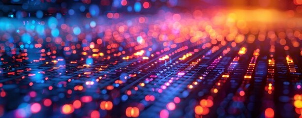 Fototapeta premium light trail limitless perspective with bokeh glow shimmering futuristic abstract background, sci-fi cyberspace futurism technology trendy background