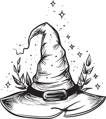 Witch hat. Halloween vector wizard icon. Witch cap. Black line magic sketch illustration. Haloween cartoon. Magician logo isolated. Scary helloween hand drawn costume element. Witchcraft drawing art