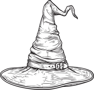 recommend clip art: Witch hat. Halloween vector wizard icon. Witch cap. Black line magic sketch illustration. Haloween cartoon. Magician logo isolated. Scary helloween hand drawn costume element. Witchcraft drawing art