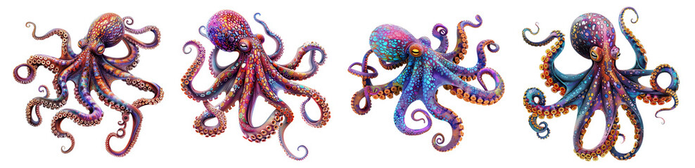 Obraz premium Vibrant and colorful octopus illustrations with detailed textures on transparent background