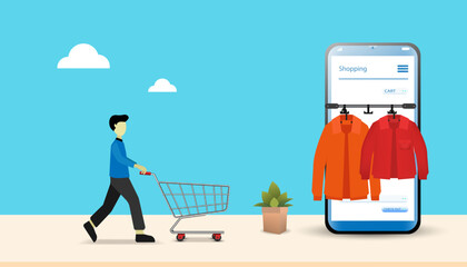 Shopping online concept using smartphone decorated with paper bag cart, basket shop, trolley, cloud and credit card, vector.	