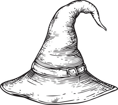 recommend clip art: Witch hat. Halloween vector wizard icon. Witch cap. Black line magic sketch illustration. Haloween cartoon. Magician logo isolated. Scary helloween hand drawn costume element. Witchcraft drawing art