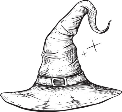 recommend clip art: Witch hat. Halloween vector wizard icon. Witch cap. Black line magic sketch illustration. Haloween cartoon. Magician logo isolated. Scary helloween hand drawn costume element. Witchcraft drawing art