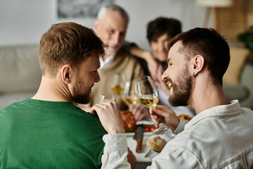 A gay couple enjoys a dinner with parents at home, sharing a toast.
