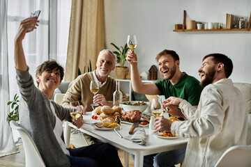 A gay couple enjoys dinner with parents at home, filled with laughter and warmth.