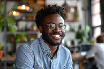 Man glasses beard smile cafe sitting