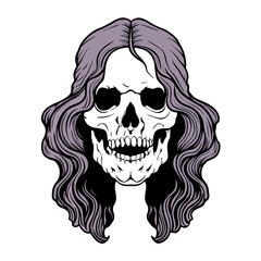 skull with long hair, vintage monochrome style