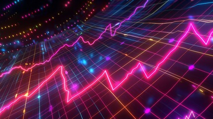Dynamic Neon Stock Market Graph Vibrant Lines on Abstract Grid Background