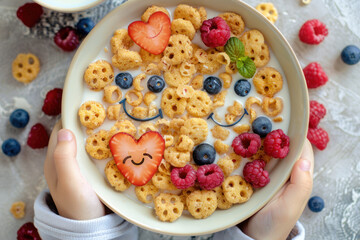 Flakes with strawberries, raspberries and blueberries in milk in bowl in the hands of a child. Healthy and nutritious breakfast for kids. Top view.