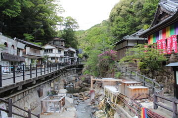 A view of the Yunomine Onsen, a hot spring system and resort town in Tanabe, near Hongu Town in southern Wakayama Prefecture, Japan. The Tsuboyu bath is located there, a UNESCO World Heritage site