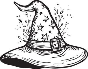 Witch hat. Halloween vector wizard icon. Witch cap. Black line magic sketch illustration. Haloween cartoon. Magician logo isolated. Scary helloween hand drawn costume element. Witchcraft drawing art