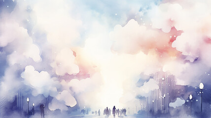 Fototapeta premium Abstract image in blue and white colors of people walking down the street, hazy background postcard in watercolor style with copy space