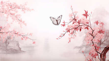 A butterfly flies next to a sakura branch, a spring postcard on an Asian-style watercolor background