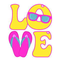 love -parola scritta in stile graffiti con occhiali da sole sulla lettera O e infradito che creano la lettera V - colori giallo e rosa - grafica vettoriale cartone -sublimazione, biglietto, Cricut,