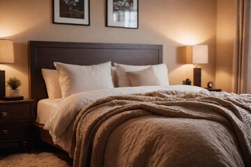 A warm and inviting beige color bedroom with soft lighting from bedside lamps, and cozy double bed with blankets.