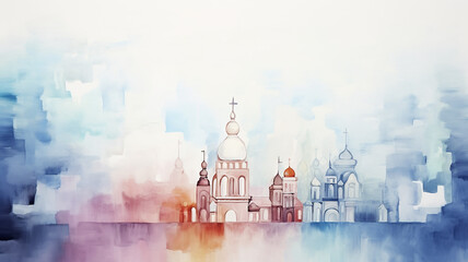 White churches on a light background, watercolor postcard in sketch technique