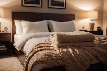A warm and inviting beige color bedroom with soft lighting from bedside lamps, and cozy double bed with blankets.