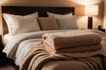A warm and inviting beige color bedroom with soft lighting from bedside lamps, and cozy double bed with blankets.