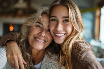 Woman embraces mother in cafe