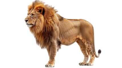 A male lion stands against a white background