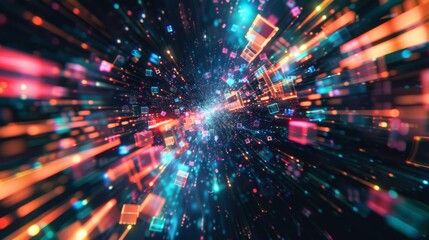 Fototapeta premium A vivid digital explosion of colorful cubes and particles in a dynamic, futuristic style with neon shades.