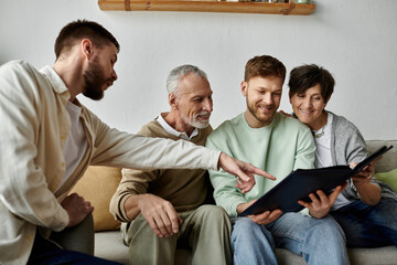 A gay couple shares a special moment with parents while looking at a photo album in their home.