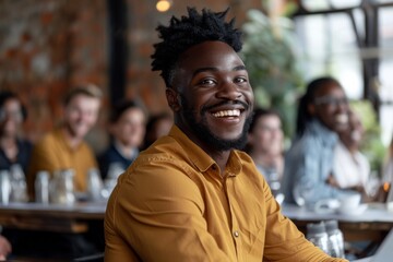 Fototapeta premium Man smiling yellow shirt sitting table laptop