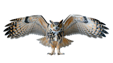 A Great Horned Owl with its wings spread wide, isolated on a white background