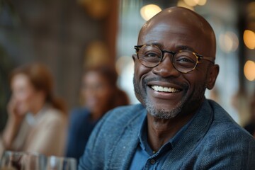 Fototapeta premium Man in blue sweater and glasses smiling at table