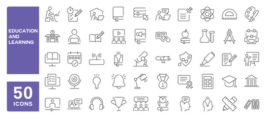 Set of 50 line icons related to education, learning, school,university, online training, Editable stroke. Vector illustration