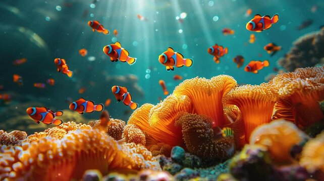 a group of nemo fish on an ocean coral reef