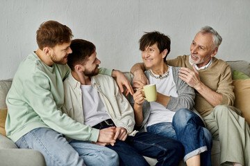 A gay couple sits with parents on a couch at home, sharing a warm and intimate moment.