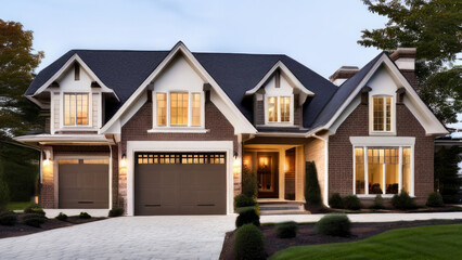 contemporary one-story twilight house. Landscaping includes a manicured lawn and path lighting. theme to showcase real estate, architectural design or landscaping ideas.