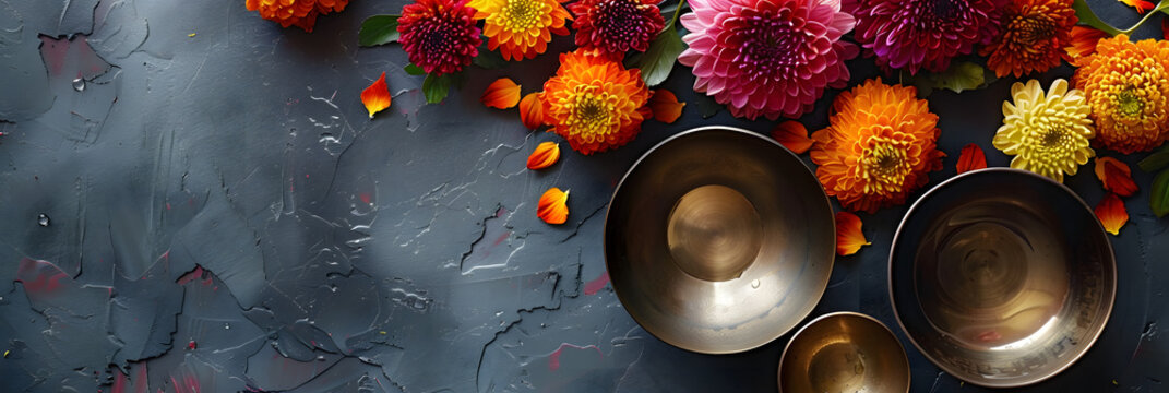 Top view of Tibetan singing bowls with water accompanied by a vibrant arrangement of chrysanthemum flowers captured on a grey textured table Copy space image