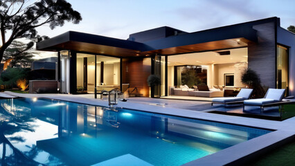 Fototapeta premium A house at dusk with interior and exterior lights on. The foreground shows a pool of the subject discussing architecture, modern home designs or real estate.