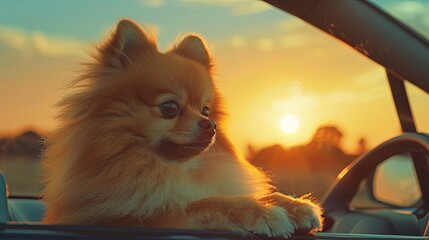 Beautiful pomeranian dog. Cute dog in car. Sunset