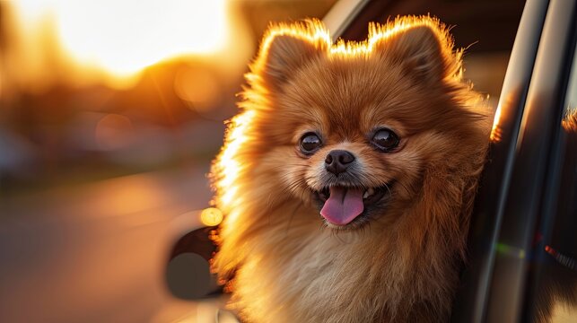 Beautiful pomeranian dog. Cute dog in car. Sunset